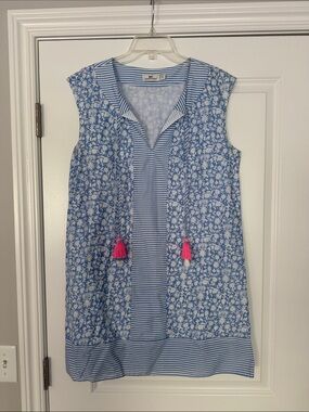 Vineyard Vines Blue Floral & Stripe Sleeveless Shift Dress with Pink Tassels